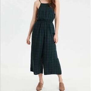 VTG American Eagle Y2K Academia Plaid Wide Leg Jumpsuit XS Green Preppy Heritage